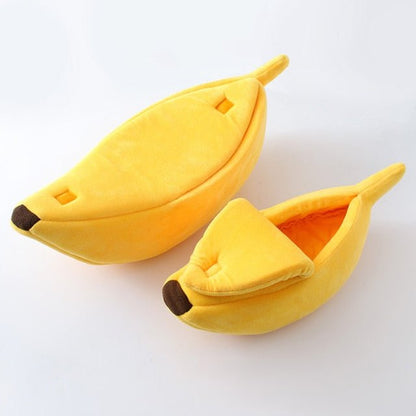 Banana shaped pet bed with peelable cover, soft plush fabric, and cozy interior for cats and small dogs.
