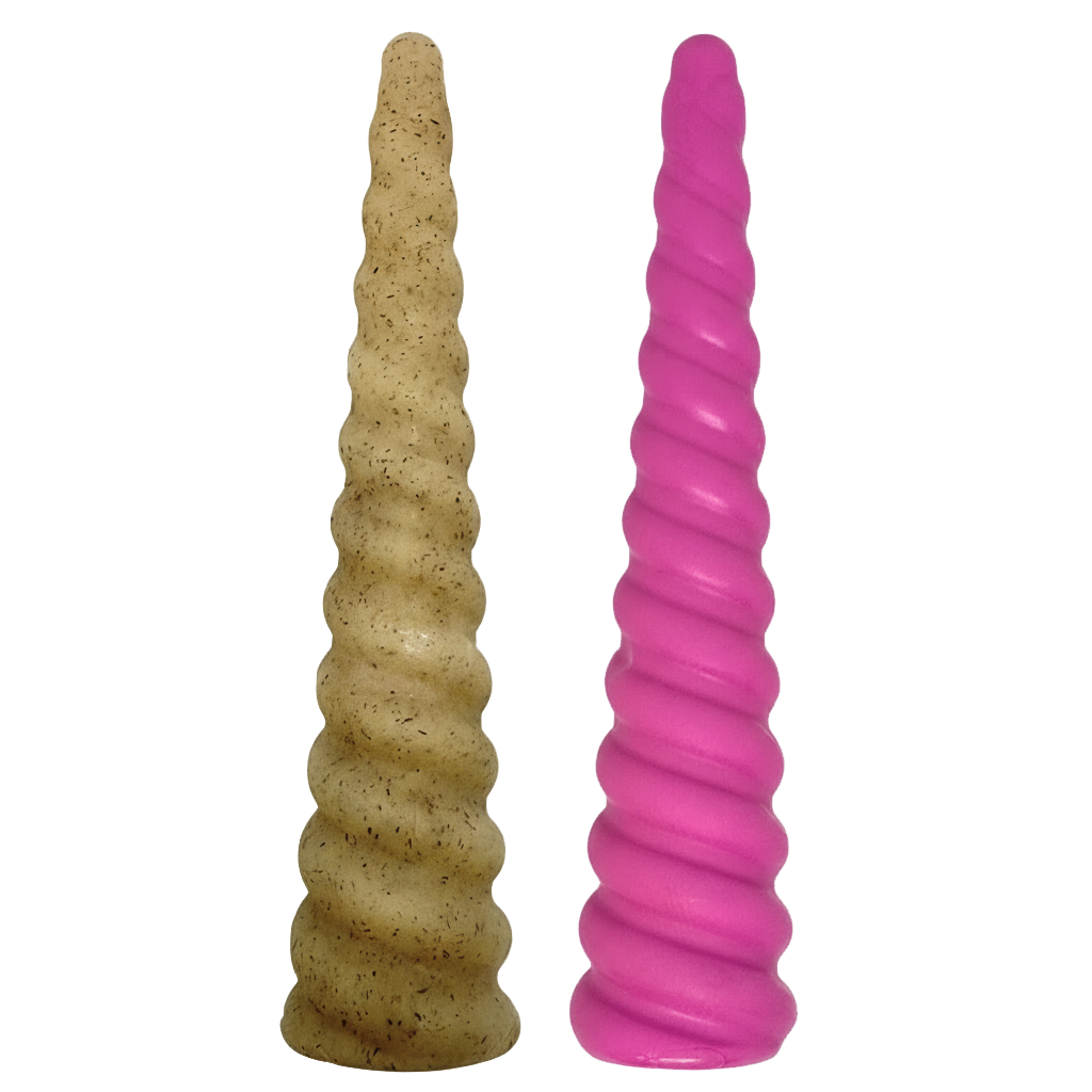 Unicorn Horn Nylon Chew Toy for aggressive dogs, durable spiral textured design in pink and beige