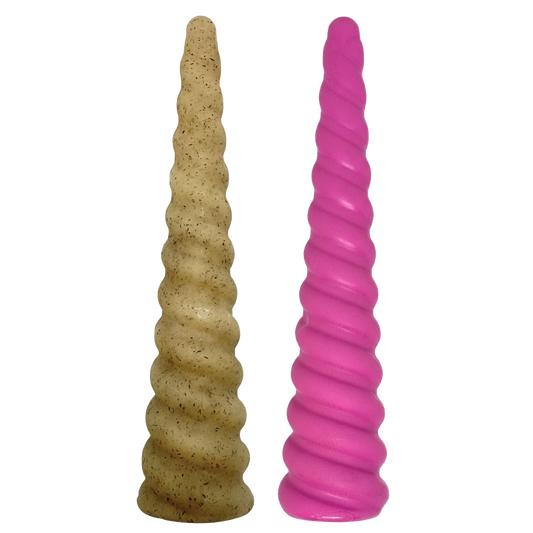 Unicorn Horn Nylon Chew Toy for aggressive dogs, durable spiral textured design in pink and beige