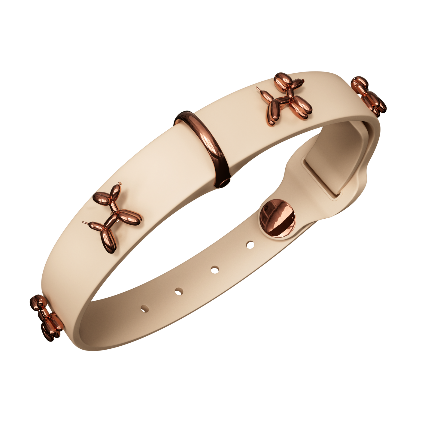 Ballon Beige Dog Collar with rose gold balloon dog charms and adjustable buckle for comfort and style