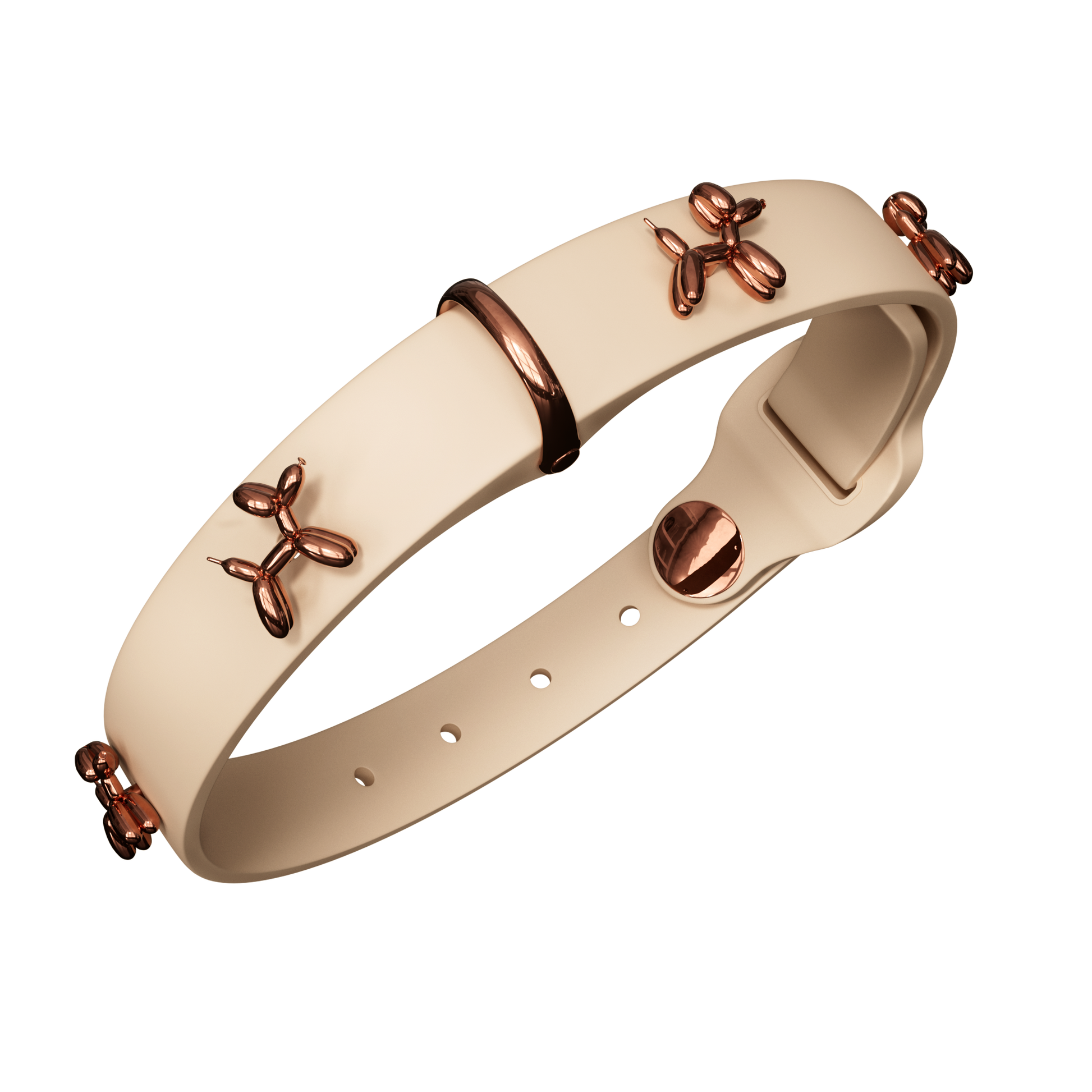 Ballon Beige Dog Collar with rose gold balloon dog charms and adjustable buckle for comfort and style