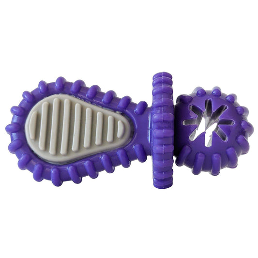 Purple rubber dental pacifier dog toy with ridges and treat hole