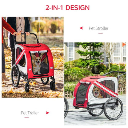 2-in-1 pet bike trailer and stroller with mesh ventilation, weather-resistant cover, safety leash, and reflective flag for small dogs