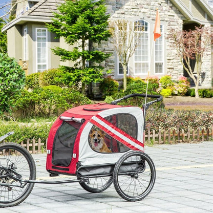 2-In-1 Pet Bike Trailer and Stroller with mesh ventilation, weather-resistant cover, safety leash, red flag, and reflectors for secure pet transport