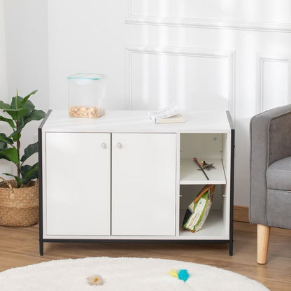 Hidden cat litter box enclosure with double doors and storage shelves in modern white and black design