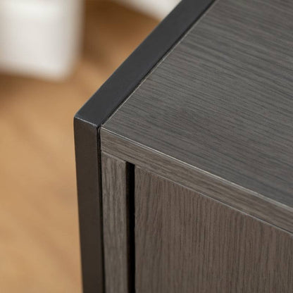 Close-up of corner detail on hidden cat litter box enclosure with wood and steel frame