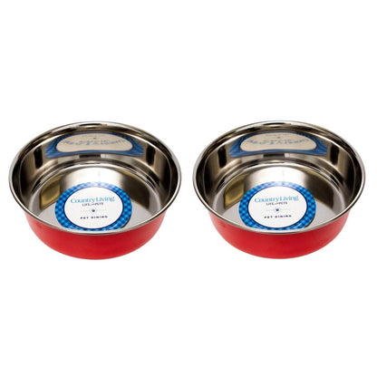 Country Living Set of 2 Heavy Gauge Stainless Steel Dog Bowls –Durable