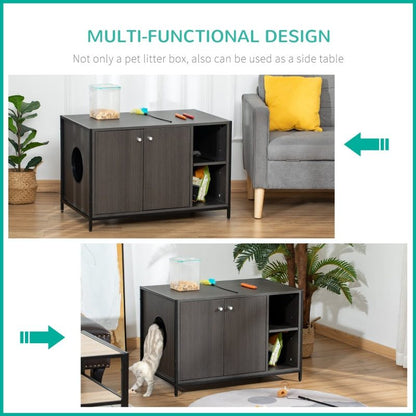 Hidden cat litter box enclosure multifunctional dark wood cabinet with side storage and small pet entrance hole