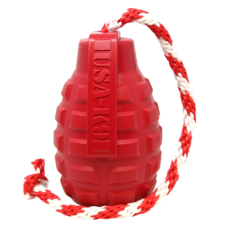 USA-K9 Grenade durable red rubber chew toy with rope for dogs