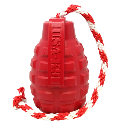USA-K9 Grenade durable red rubber chew toy with rope for dogs