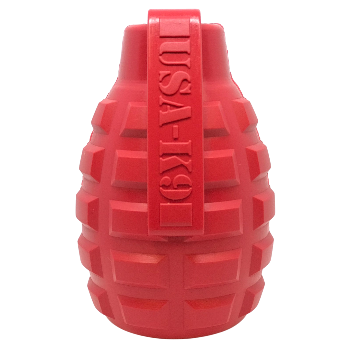 Grenade shaped eDispenser durable dog chew toy and treat dispenser in red and blue for super chewers
