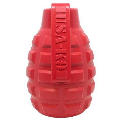 Grenade shaped eDispenser durable dog chew toy and treat dispenser in red and blue for super chewers