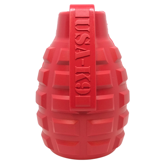 Grenade shaped eDispenser durable dog chew toy and treat dispenser in red and blue for super chewers