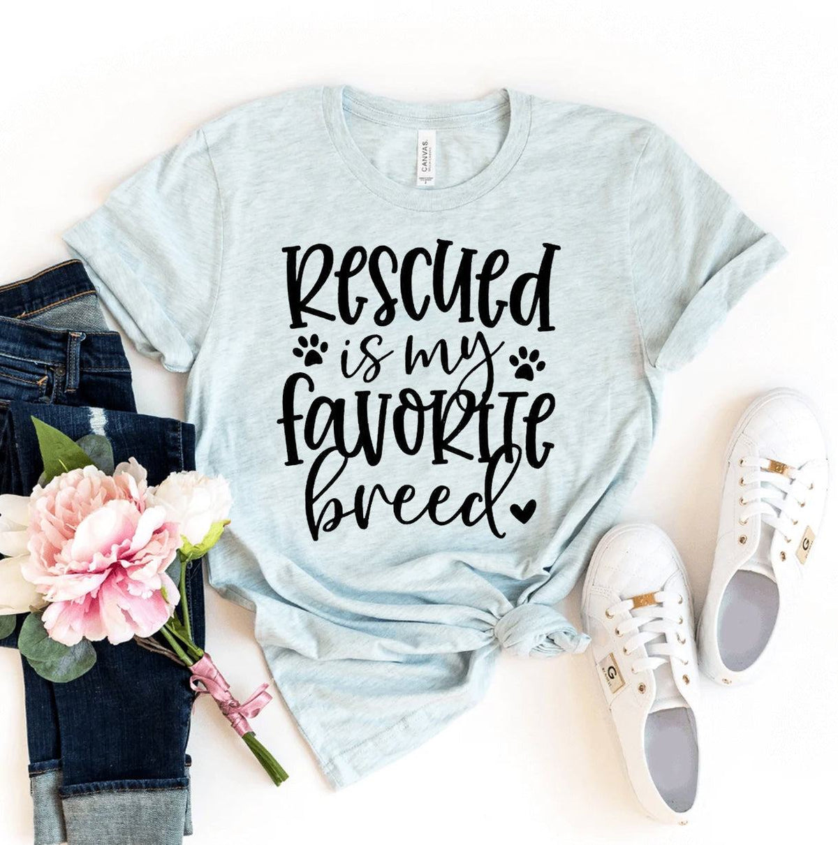 Rescued Is My Favorite Breed t-shirt in black with white text
