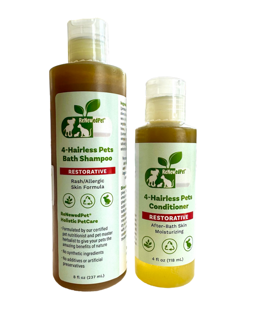 4-HAIRLESS PETS Restorative Shampoo and Conditioner set with exfoliating gloves