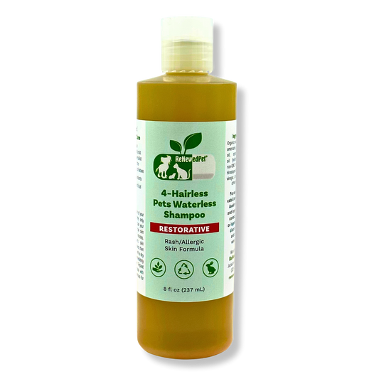 Bottle of restorative waterless shampoo for hairless pets with exfoliating gloves