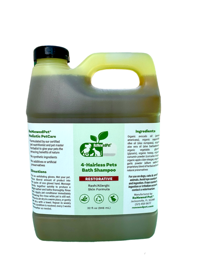 4-Hairless Pets Restorative Bath Shampoo for allergic and rash-prone skin with natural, organic ingredients and exfoliating gloves.