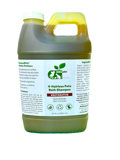 4-Hairless Pets Restorative Bath Shampoo for rash and allergic skin, natural organic ingredients with exfoliating gloves included