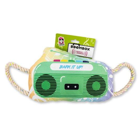 Retro boombox plush dog toy with squeaker and crinkle paper
