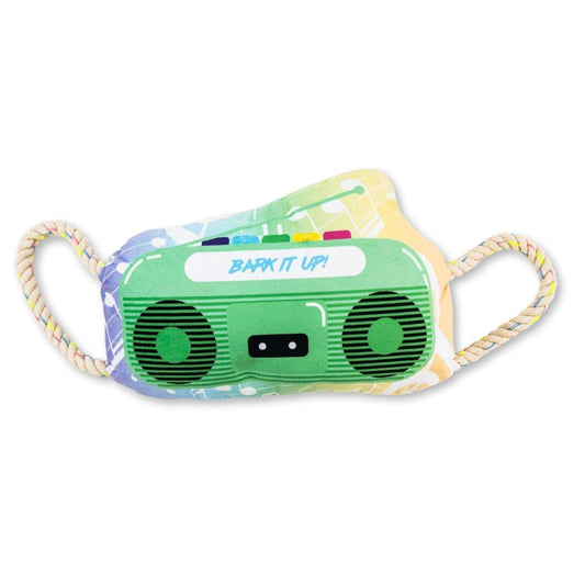 Retro boombox plush dog toy with squeaker and crinkle paper