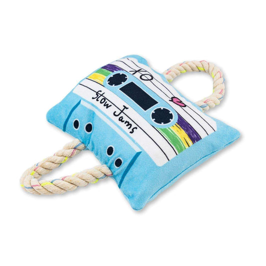 retro cassette tape plush dog toy with squeaker and crinkle paper