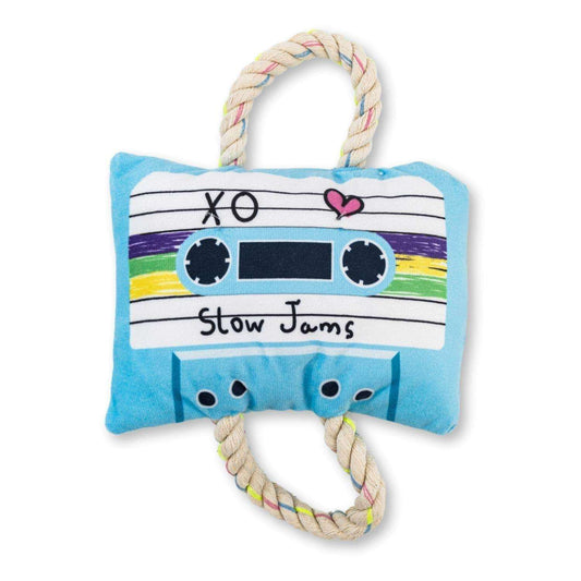 Retro cassette tape plush dog toy with squeaker and crinkle paper