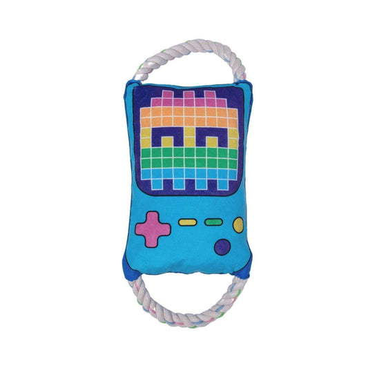 Retro gamer plush dog toy with squeaker and crinkle paper