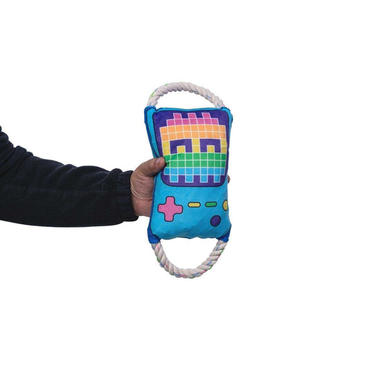 Retro gamer plush dog toy with squeaker and crinkle paper