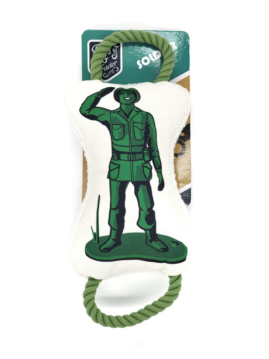 Retro soldier plush dog toy with squeaker and tug rope