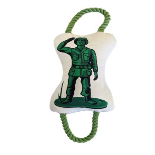 Retro soldier plush dog toy with squeaker and rope