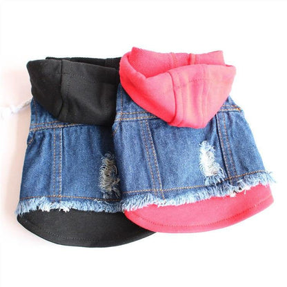 Ripped Denim Dog Vest in blue distressed denim, with frayed hems and patches, black and pink hooded panels.