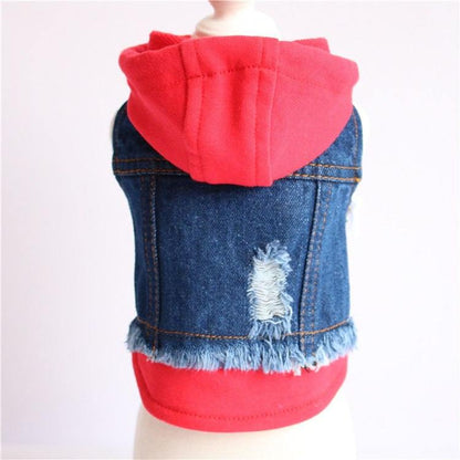 Ripped Denim Dog Vest with a blue frayed denim back, distressed patch, and bright red hood and hem.