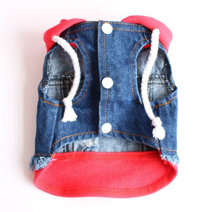 Ripped Denim Dog Vest in dark blue denim with red fabric edging, orange stitching, silver buttons and white drawstrings.