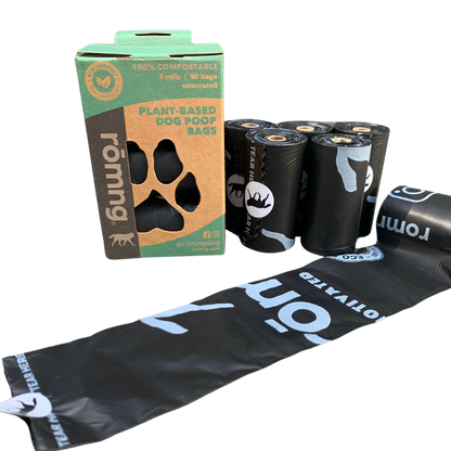 Roll of compostable dog poop bags made from plant-based materials for eco-friendly pet waste disposal