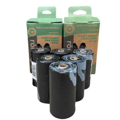 Compostable dog poop bags made from plant-based materials, eco-friendly and durable pet waste bags in recycled packaging.