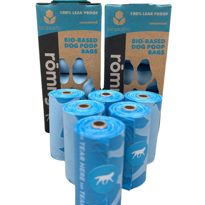 Bioplastic bio-based dog poop bags rolls in eco-friendly packaging for leak-proof pet waste disposal