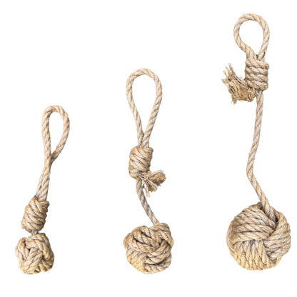 eco-friendly hemp rope dog tug-toys in small, medium, and large sizes for durable interactive play