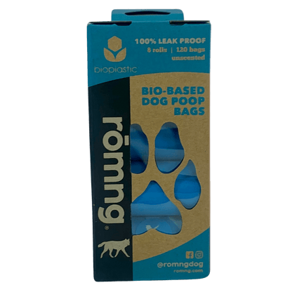 Eco-friendly bio-based dog poop bags box with blue bags, leak-proof and sustainable design