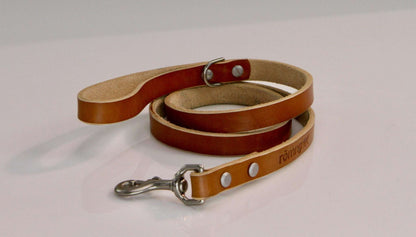 Handmade brown genuine leather dog leash with nickel-plated brass swivel snap and beveled edges