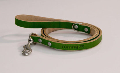 Handmade leather dog leash green with nickel-plated swivel clip and beveled edges, crafted in USA
