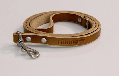 Handmade leather dog leash in camel with nickel-plated brass swivel snap and beveled edges