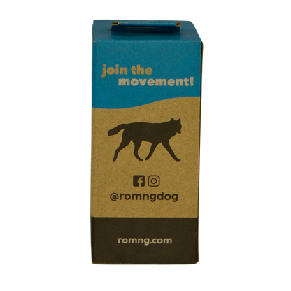 eco-friendly bio-based dog poop bags packaging with romngdog logo and social media icons
