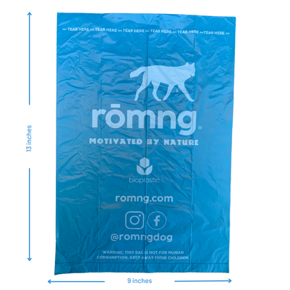 blue bio-based dog poop bag measuring 9 by 13 inches with romng logo and eco-friendly branding