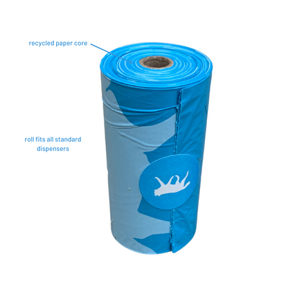 Roll of bio-based dog poop bags with recycled paper core and universal fit for standard dispensers