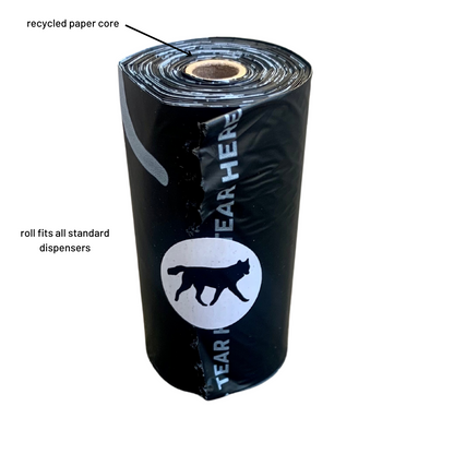 roll of 💥 compostable plant-based dog poop bags with recycled paper core fitting standard dispensers