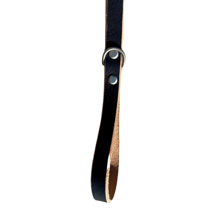 Handmade black genuine leather dog leash with nickel-plated brass swivel and D-ring