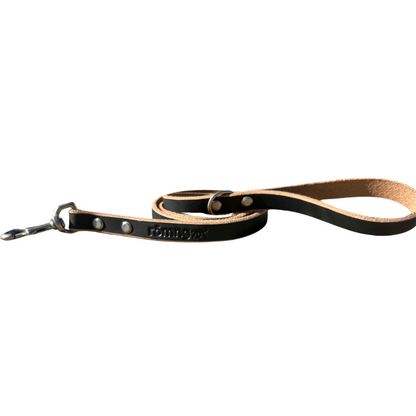 Handmade black genuine leather dog leash with nickel-plated brass swivel snap and D-ring