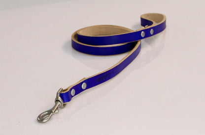 Handmade genuine leather dog leash in vibrant blue with nickel-plated brass swivel snap and rivets