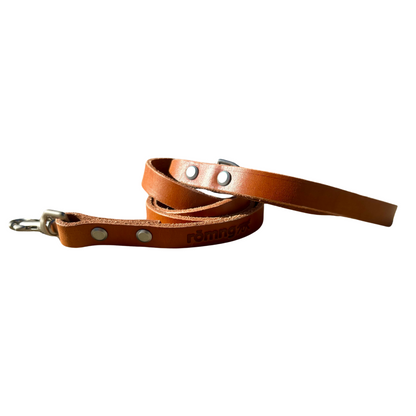 Handmade genuine leather dog leash with nickel-plated brass hardware in camel color
