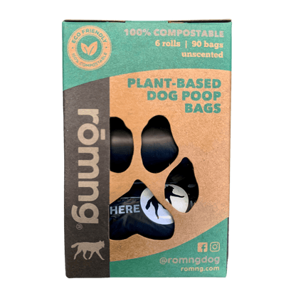Box of 💥 compostable plant-based dog poop bags with eco-friendly packaging and paw print design